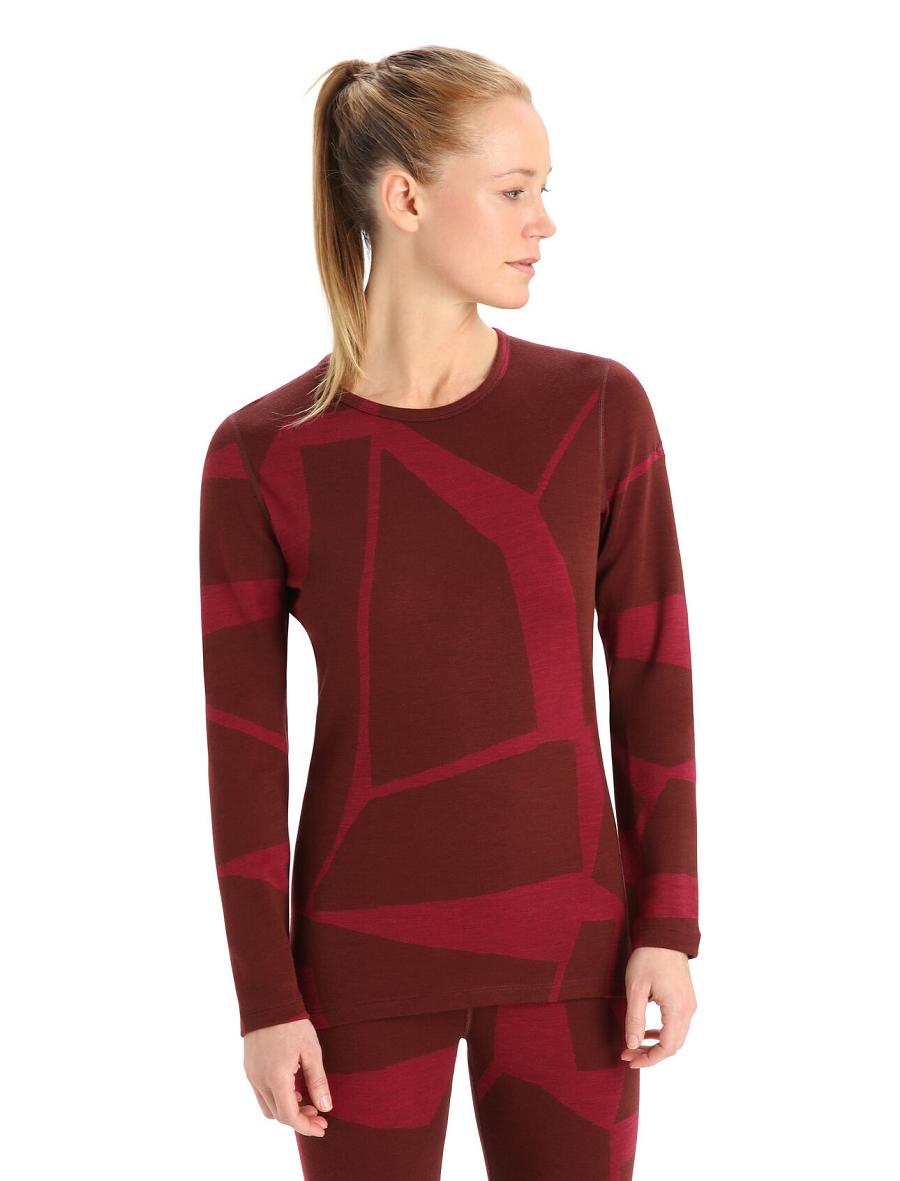 Women's Icebreaker Merino 250 Vertex Long Sleeve Crewe Thermal Top Fractured Landscapes Base Layers Espresso / Cherry | CA 1074ILHS